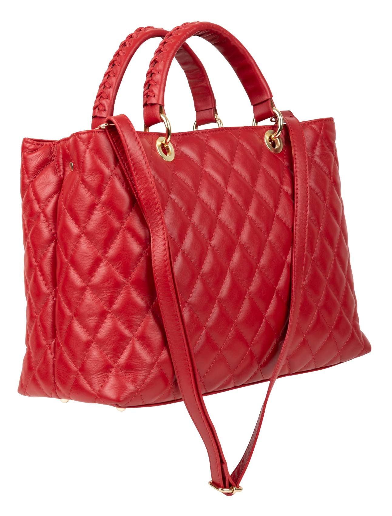 Quilted leather handle and shoulder bag in red